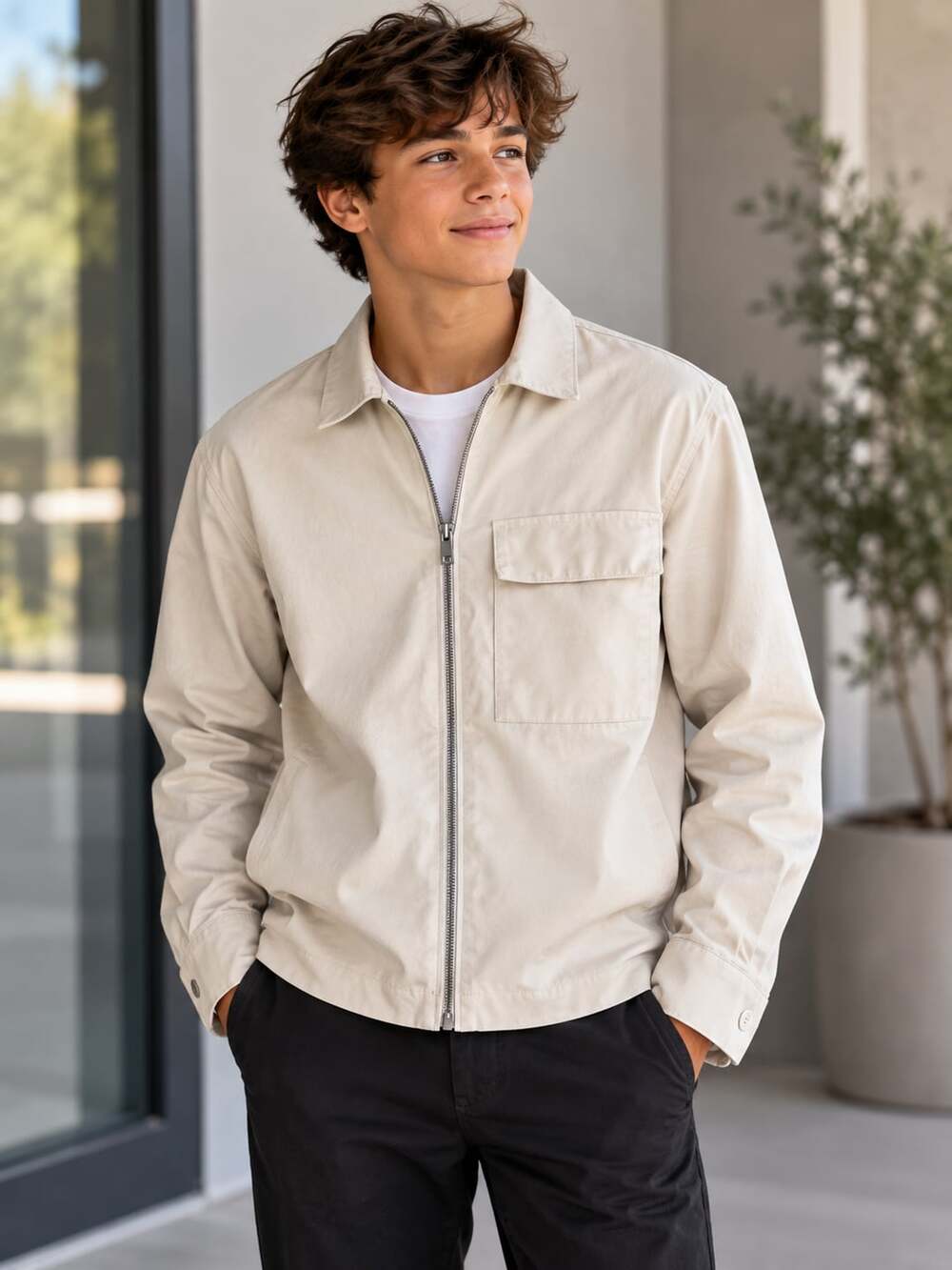 H&M Zip Shirt Jacket Size L Off White Twill Utility